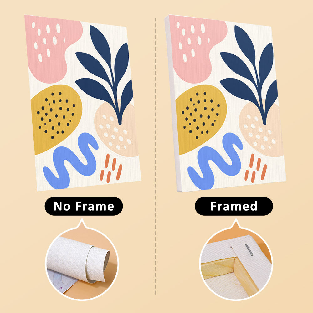 Playful Shapes mini canvas shown rolled without a frame and pre-stretched on a frame
