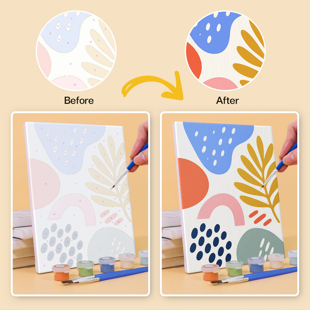 Before and after of a Playful Shapes mini paint by numbers canvas