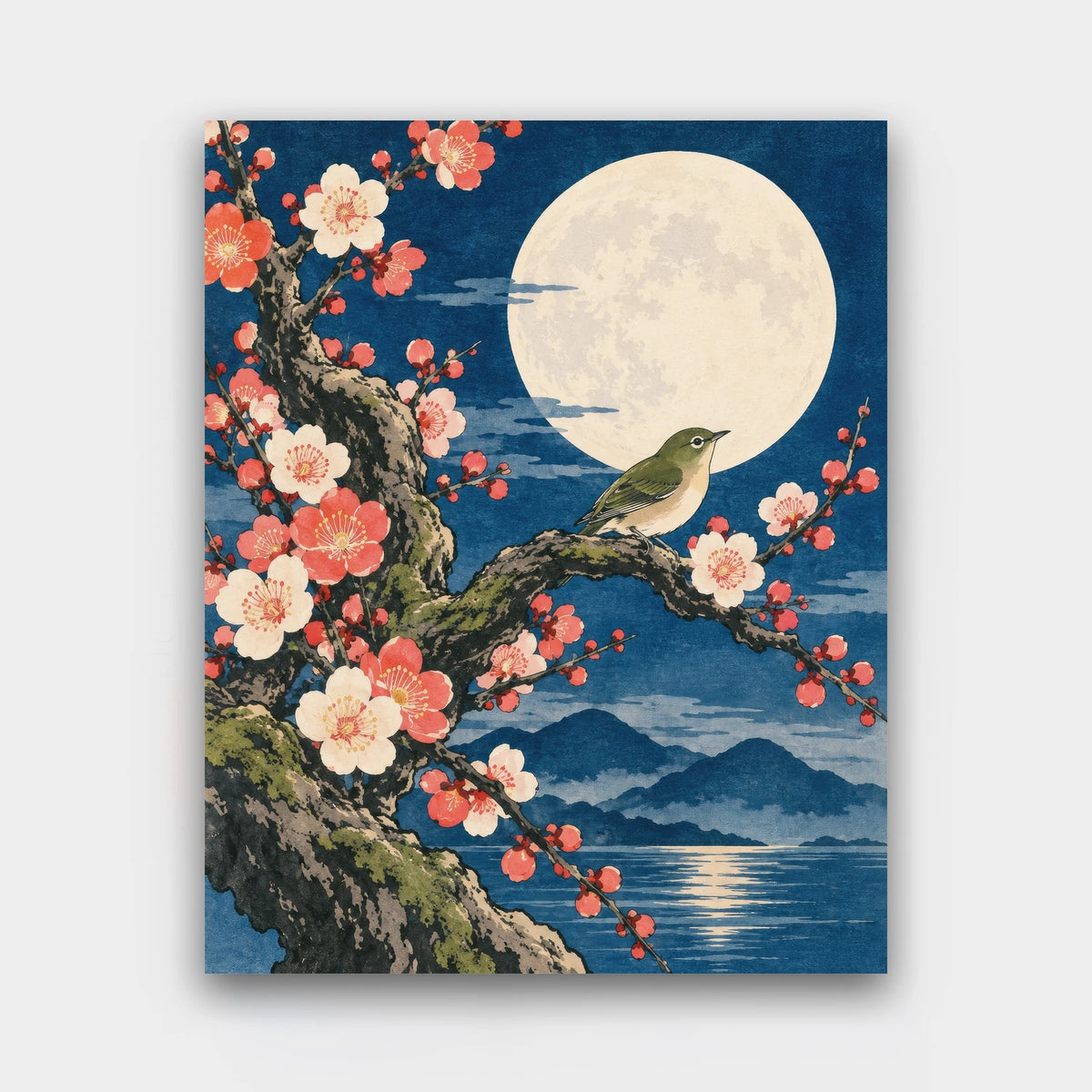 Plum Blossom Moon paint by numbers kit of a small bird on a plum blossom branch before a full moon over a calm bay