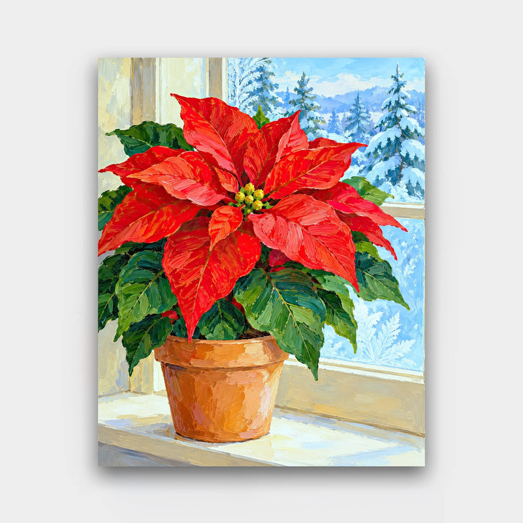 Poinsettia by the Window paint by numbers kit of a red poinsettia in a terracotta pot on a frosty windowsill with snowy pines outside