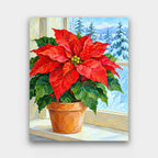Poinsettia by the Window paint by numbers kit of a red poinsettia in a terracotta pot on a frosty windowsill with snowy pines outside