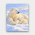 Polar Bear and Cub paint by numbers kit of a polar bear mother resting in the snow with her cub