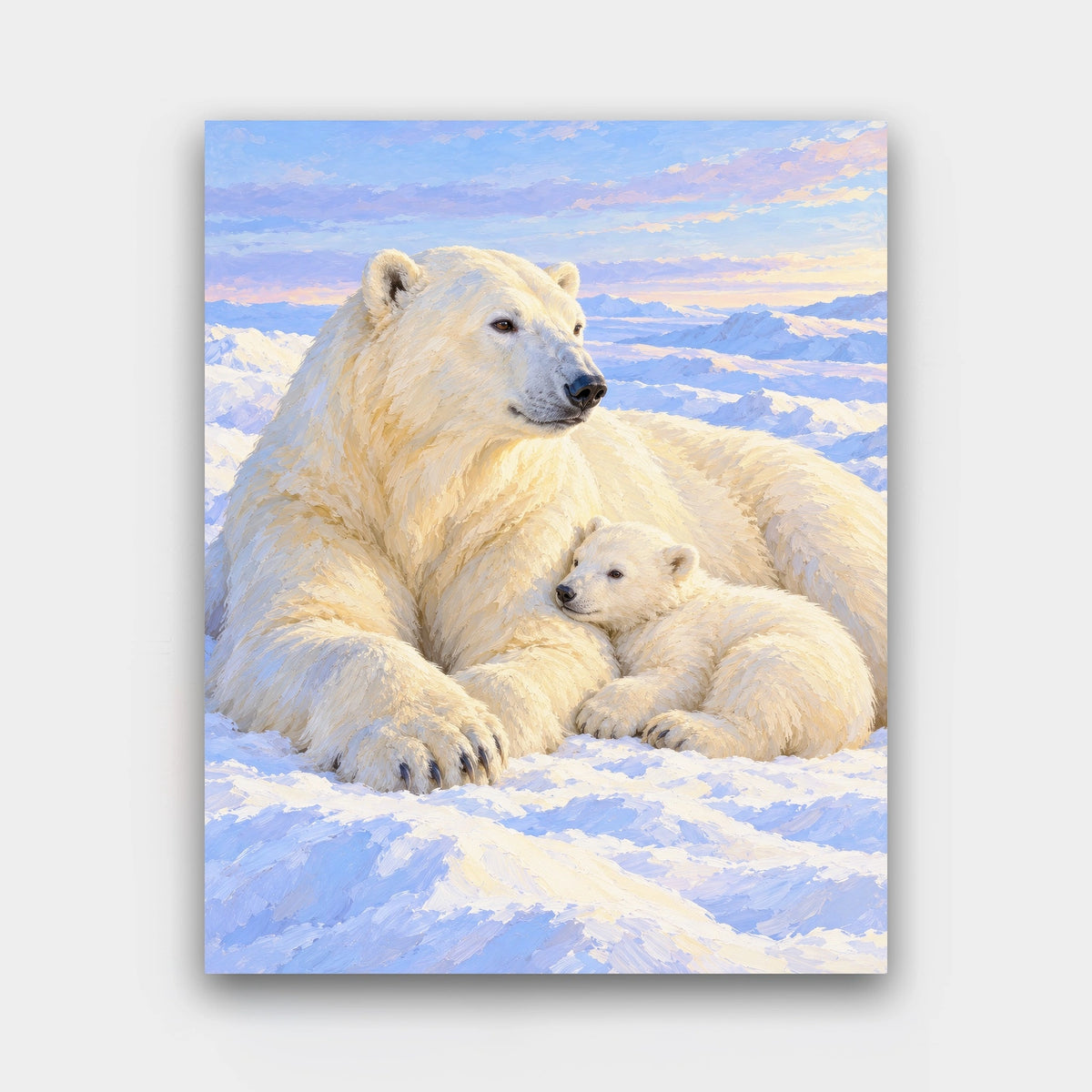 Polar Bear and Cub paint by numbers kit of a polar bear mother resting in the snow with her cub