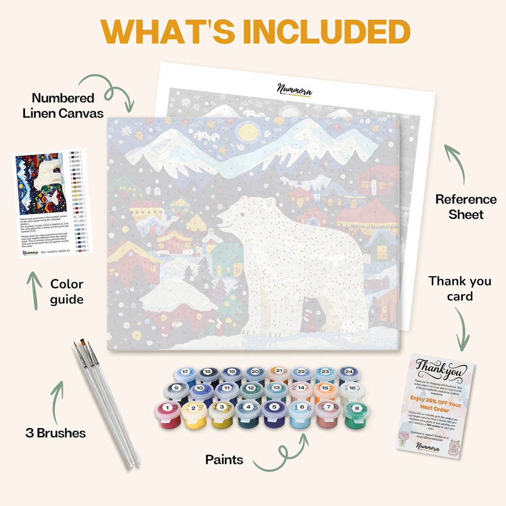 What's included in the Polar Wonderland paint by numbers kit: numbered linen canvas, reference sheet, color guide, 24 acrylic paints, 3 brushes and thank you card