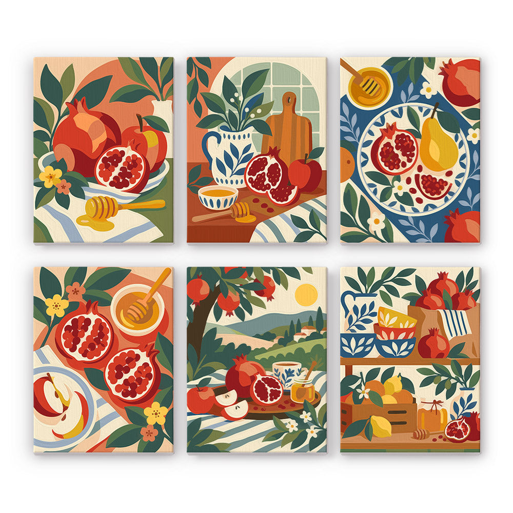 Pomegranate Kitchen mini paint by numbers set: six still lifes of pomegranates, honey, apples and pears on folk tablecloths