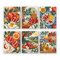 Pomegranate Kitchen mini paint by numbers set: six still lifes of pomegranates, honey, apples and pears on folk tablecloths