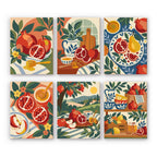 Pomegranate Kitchen mini paint by numbers set: six still lifes of pomegranates, honey, apples and pears on folk tablecloths