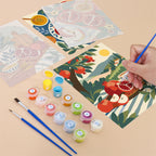 Filling in a Pomegranate Kitchen mini canvas with numbered acrylic paints and a fine brush