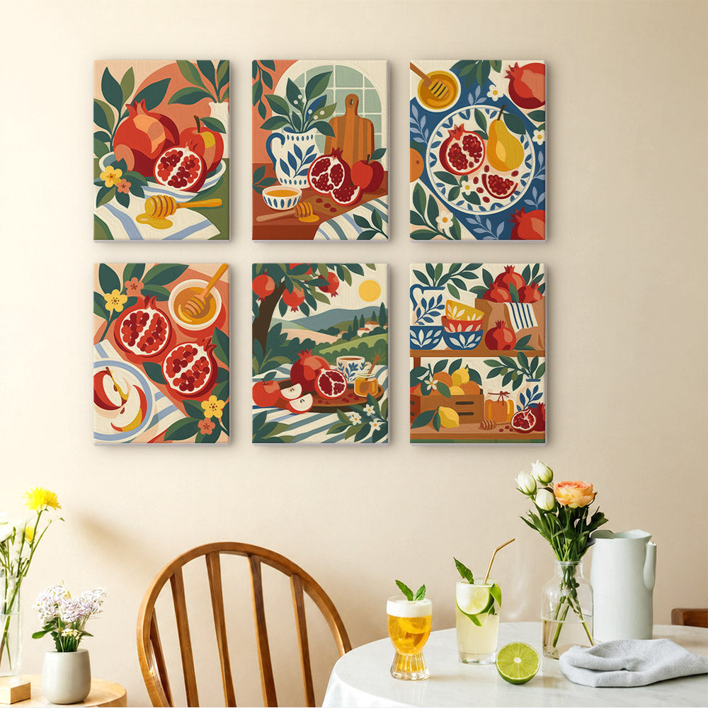 Pomegranate Kitchen mini paintings displayed as a gallery wall in a sunny kitchen