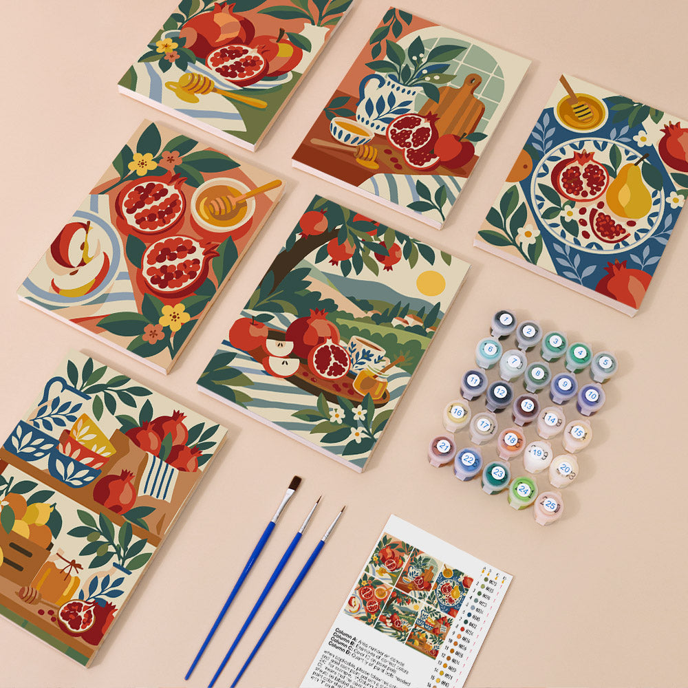 Pomegranate Kitchen mini paint by numbers kit with six numbered canvases, acrylic paints, brushes and layout
