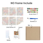 What's included without a frame: six rolled Pomegranate Kitchen mini canvases, acrylic paints, three brushes and layout