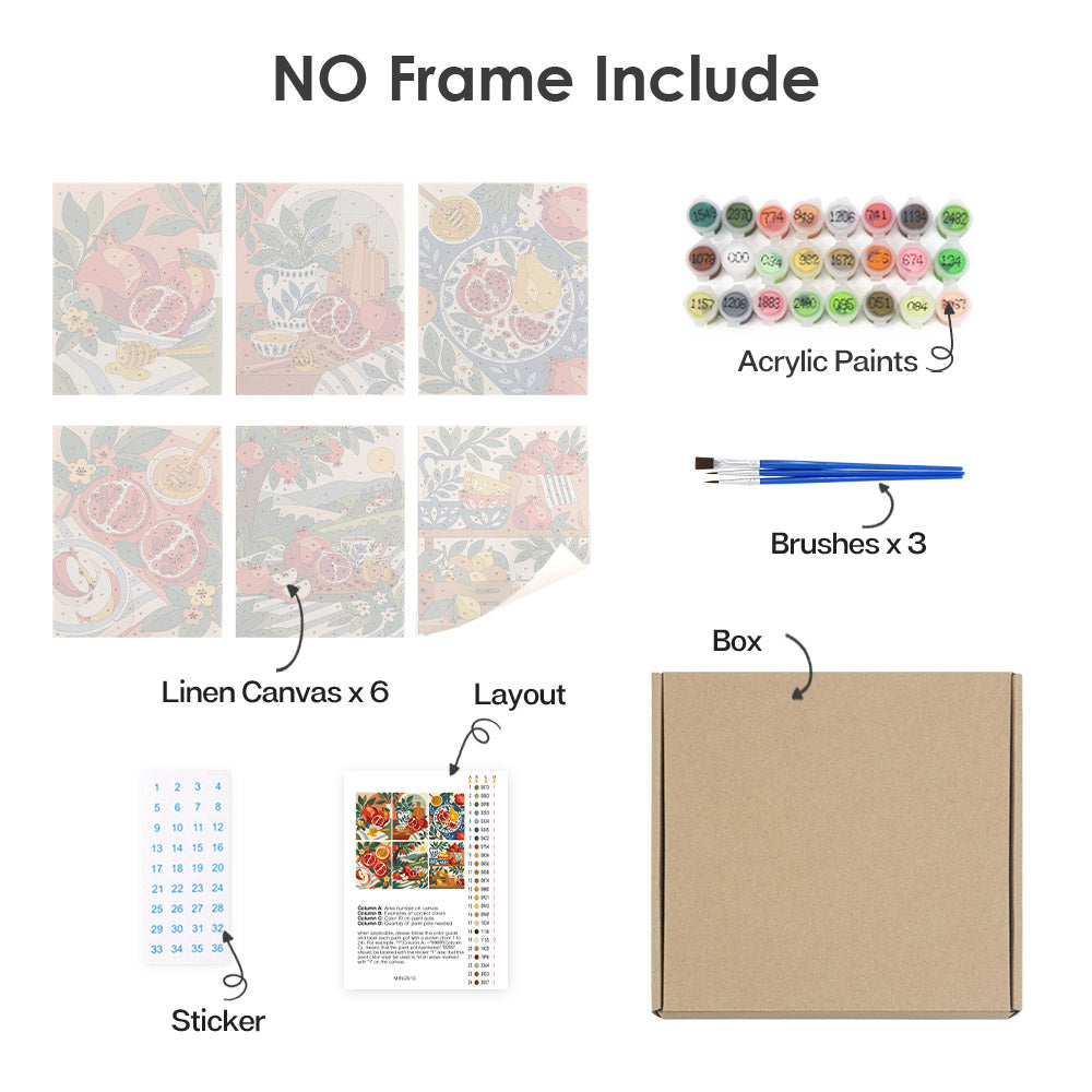 What's included without a frame: six rolled Pomegranate Kitchen mini canvases, acrylic paints, three brushes and layout