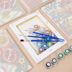 Numbered paint pots and brushes on a pre-stretched Pomegranate Kitchen mini canvas