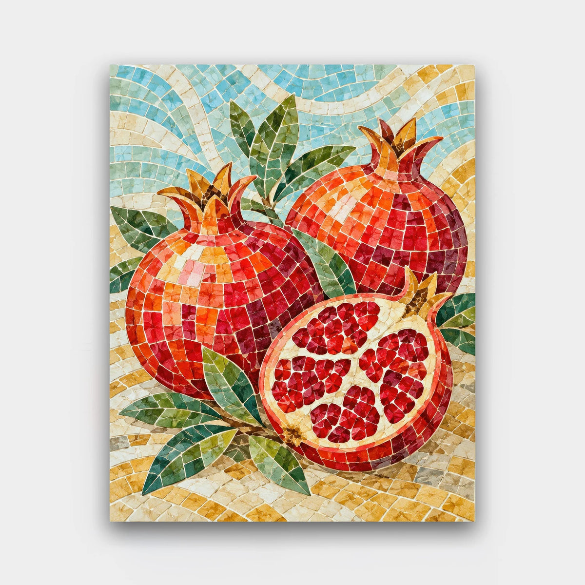 Pomegranate Tiles paint by numbers kit of pomegranates and leaves made of small mosaic tiles with grout lines