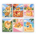 Pomeranian Days mini paint by numbers set: six fluffy Pomeranian designs in a bike basket, fall leaves, meadow and beach