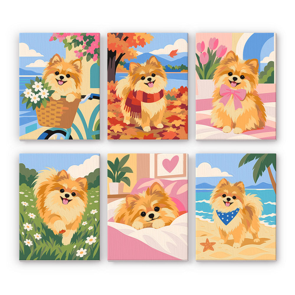 Pomeranian Days mini paint by numbers set: six fluffy Pomeranian designs in a bike basket, fall leaves, meadow and beach