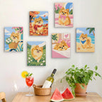 Six finished Pomeranian Days mini paintings hung on a wall above a table