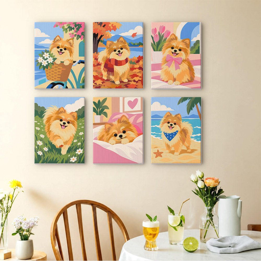 Pomeranian Days mini paintings displayed as a gallery wall in a sunny kitchen