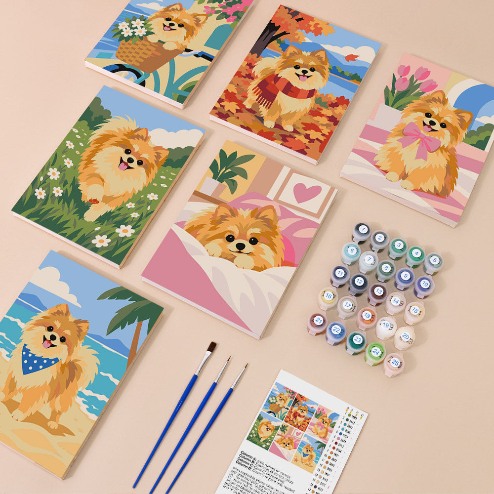 Pomeranian Days mini paint by numbers kit with six numbered canvases, acrylic paints, brushes and layout