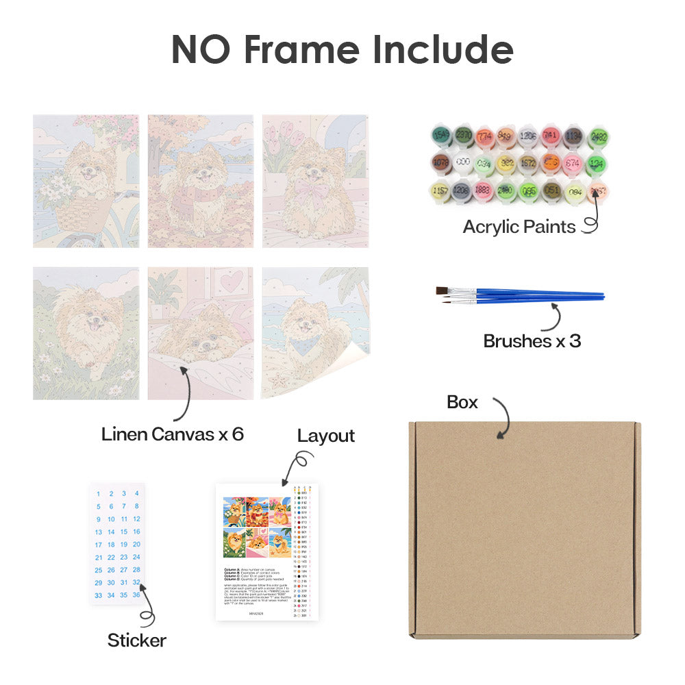 What's included without a frame: six rolled Pomeranian Days mini canvases, acrylic paints, three brushes and layout