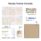 What's included pre-stretched on frame: six framed Pomeranian Days mini canvases, paints, three brushes, hangers and layout