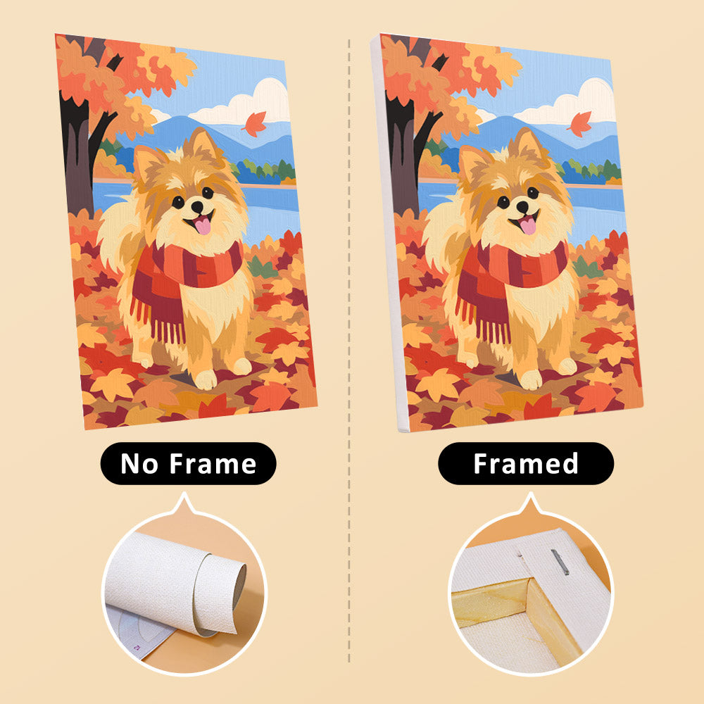 Pomeranian Days mini canvas shown rolled without a frame and pre-stretched on a frame
