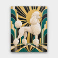 Poodle in Gold paint by numbers kit of a white poodle in profile against a gold, black and teal Art Deco sunburst