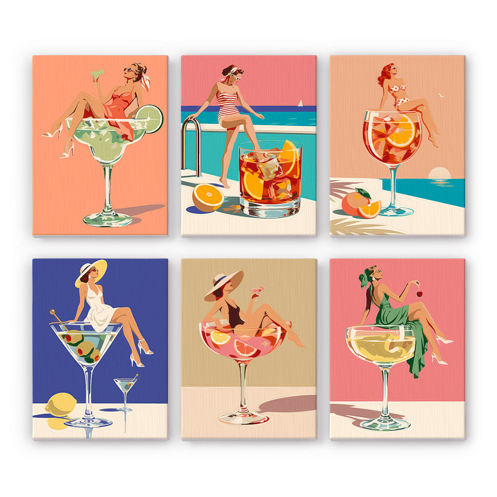 Poolside Cocktails mini paint by numbers set: six retro designs of women lounging on oversized cocktail glasses