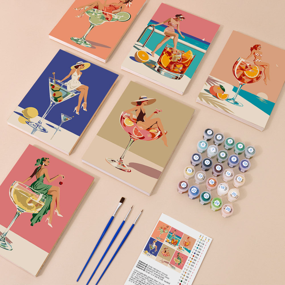 Poolside Cocktails mini paint by numbers kit with six numbered canvases, acrylic paints, brushes and layout