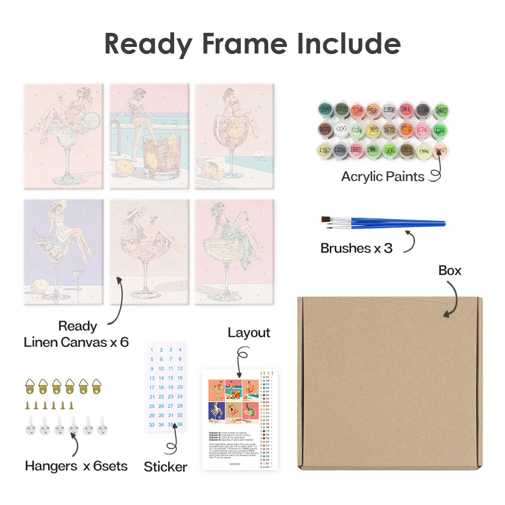 What's included pre-stretched on frame: six framed Poolside Cocktails mini canvases, paints, three brushes, hangers and layout