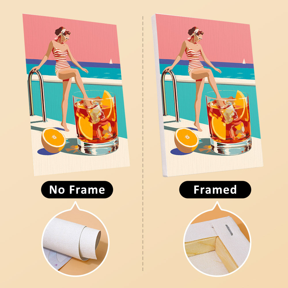 Poolside Cocktails mini canvas shown rolled without a frame and pre-stretched on a frame