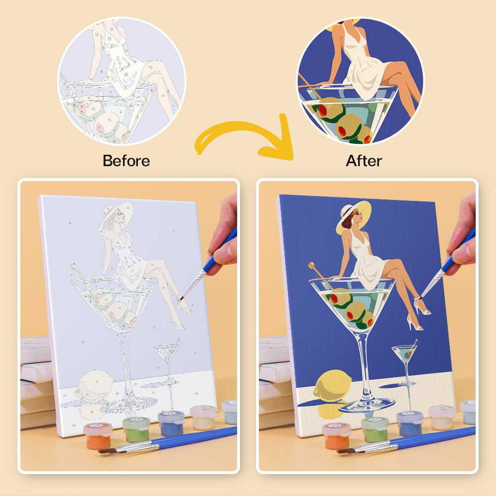 Before and after of a Poolside Cocktails mini paint by numbers canvas