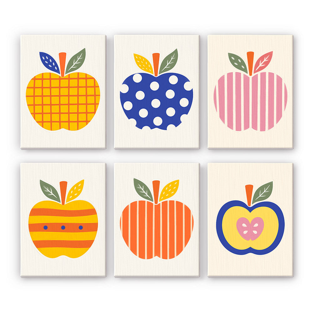 Pop Art Apples mini paint by numbers set: six apples in gingham, polka dot, stripe and heart patterns