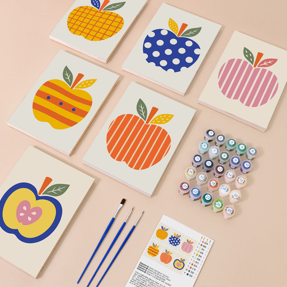 Pop Art Apples mini paint by numbers kit with six numbered canvases, acrylic paints, brushes and layout