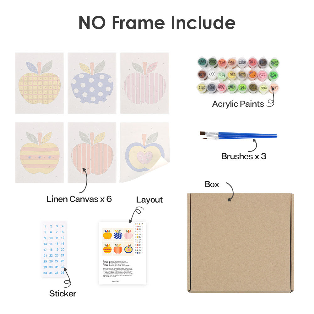What's included without a frame: six rolled Pop Art Apples mini canvases, acrylic paints, three brushes and layout