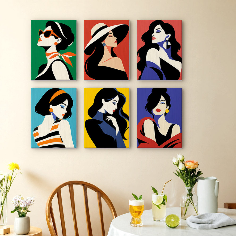 Pop Art Ladies mini paintings displayed as a gallery wall in a sunny kitchen