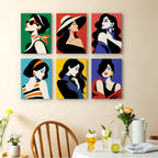 Pop Art Ladies mini paintings displayed as a gallery wall in a sunny kitchen