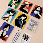 Pop Art Ladies mini paint by numbers kit with six numbered canvases, acrylic paints, brushes and layout