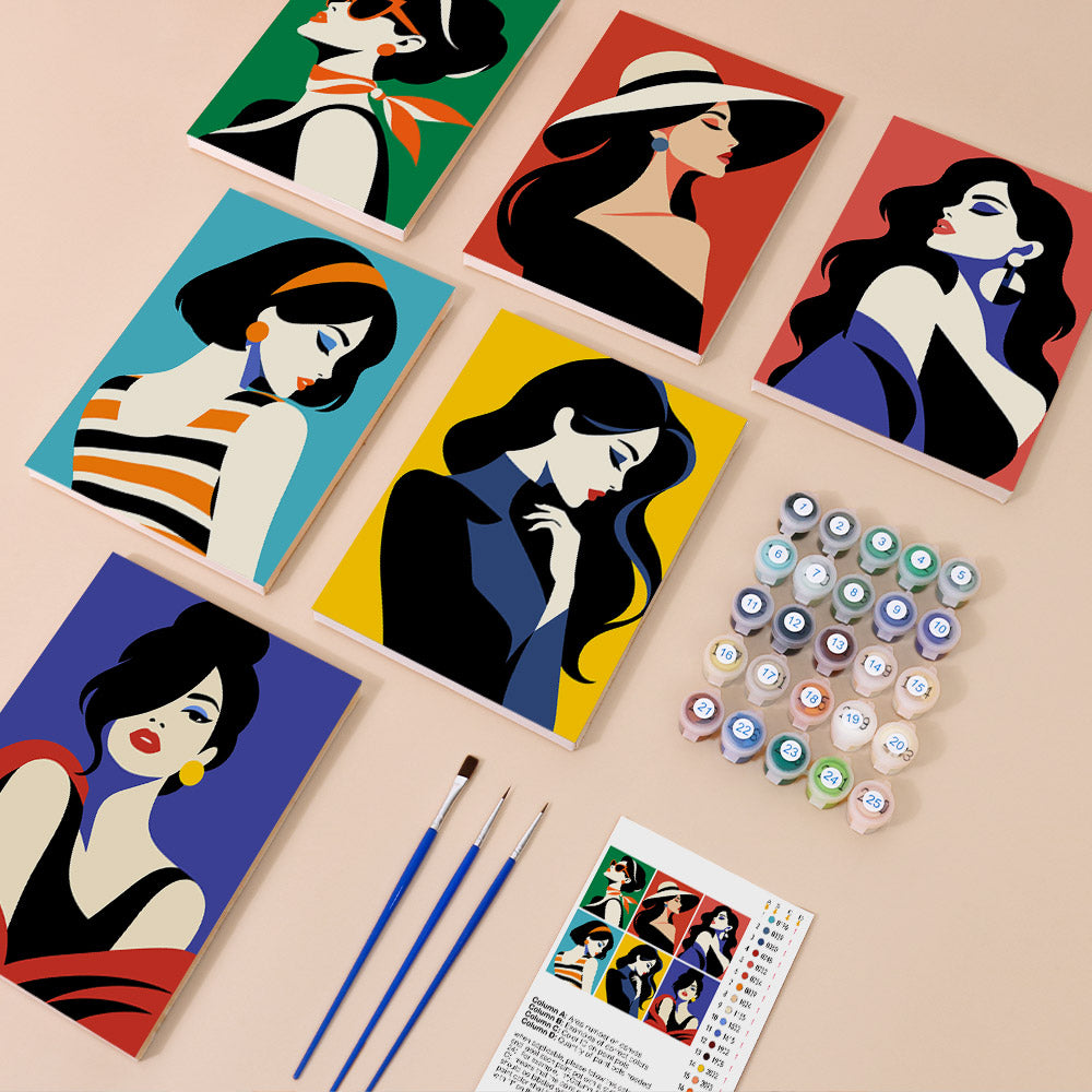 Pop Art Ladies mini paint by numbers kit with six numbered canvases, acrylic paints, brushes and layout