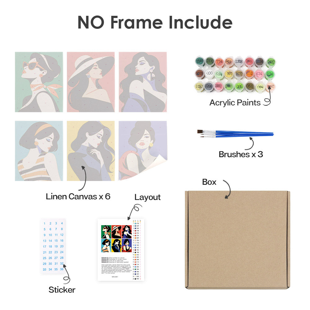 What's included without a frame: six rolled Pop Art Ladies mini canvases, acrylic paints, three brushes and layout