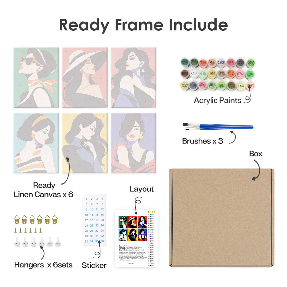 What's included pre-stretched on frame: six framed Pop Art Ladies mini canvases, paints, three brushes, hangers and layout