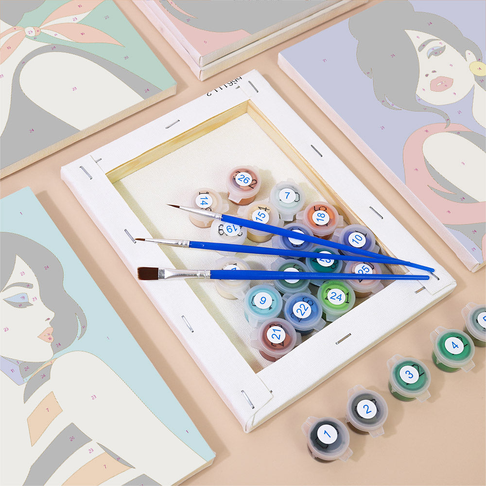 Numbered paint pots and brushes on a pre-stretched Pop Art Ladies mini canvas