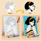 Before and after of a Pop Art Ladies mini paint by numbers canvas