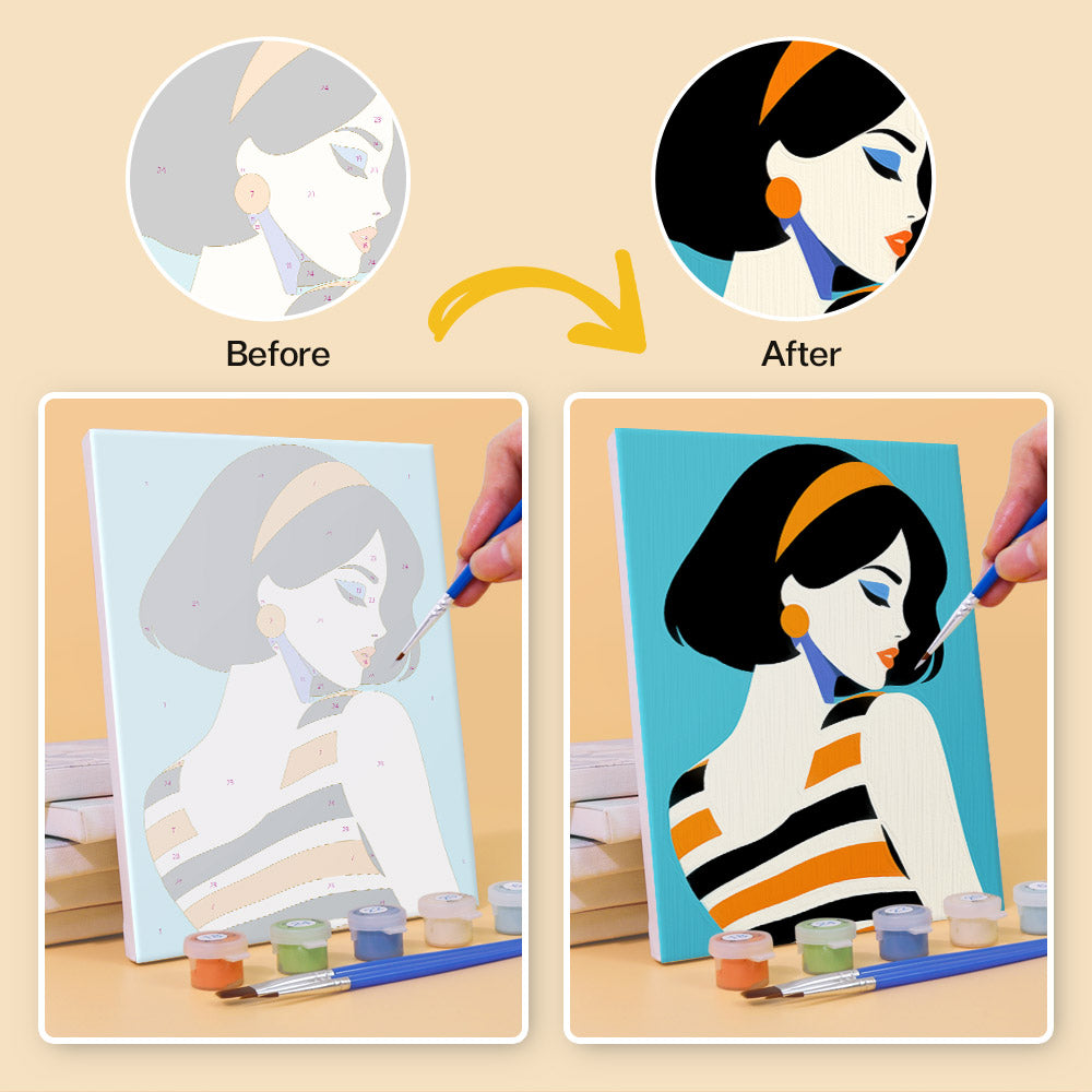 Before and after of a Pop Art Ladies mini paint by numbers canvas