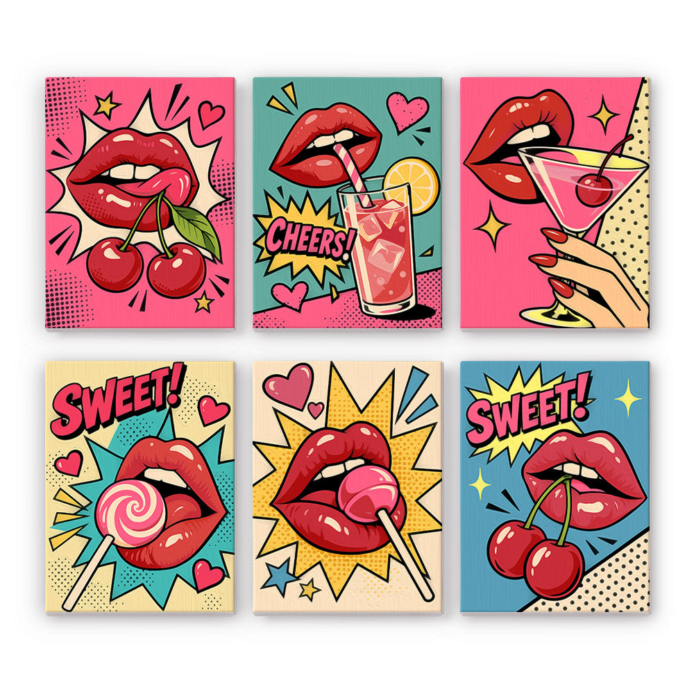 Pop Art Lips mini paint by numbers set: six comic-style red lips with cherries, cocktails and lollipops on pink, teal and yellow backgrounds