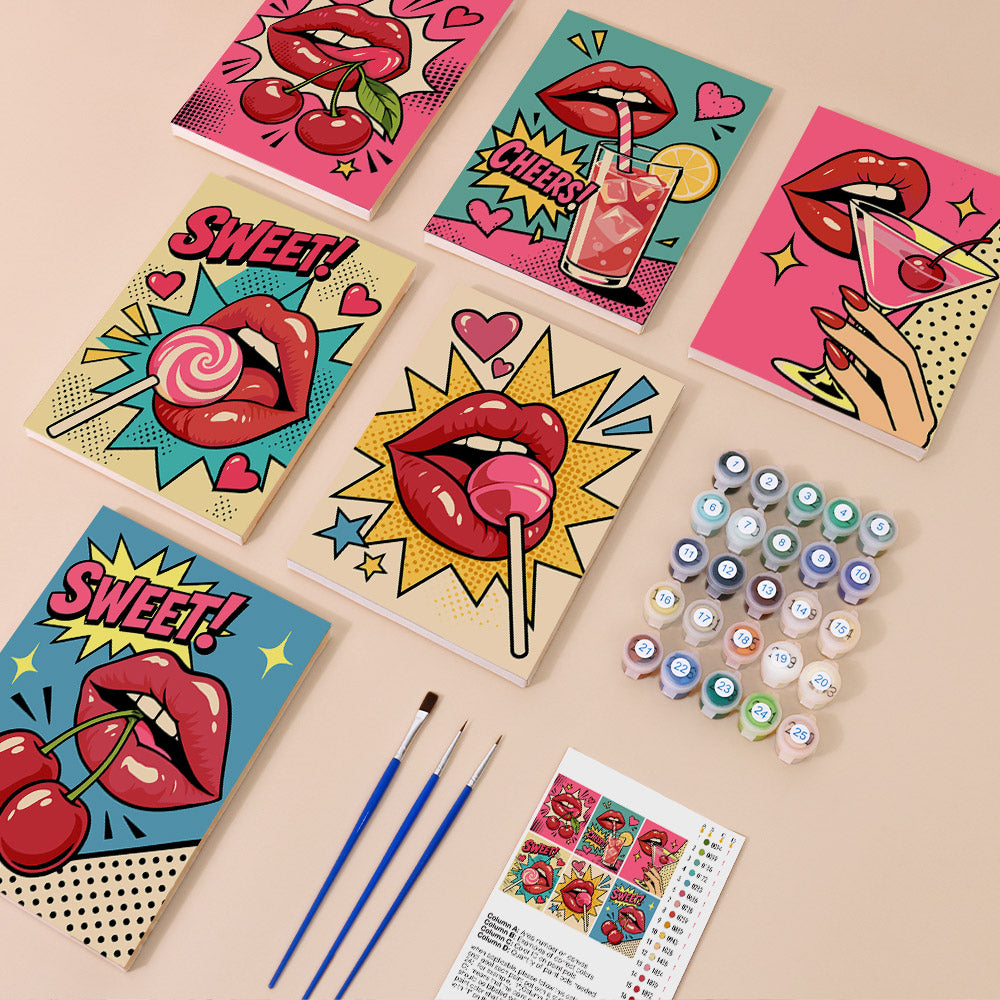 Pop Art Lips mini paint by numbers kit with six numbered canvases, acrylic paints, brushes and layout