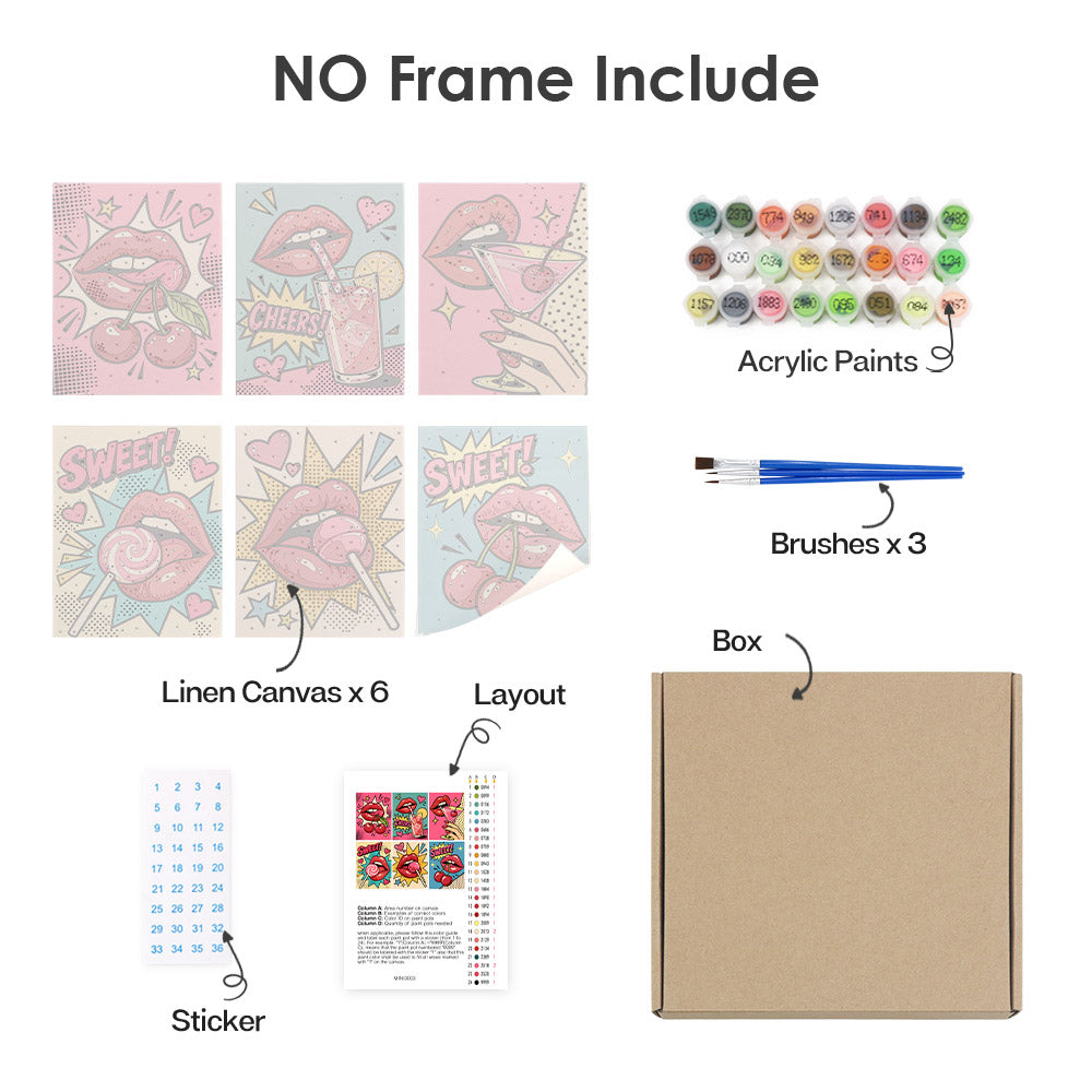 What's included without a frame: six rolled Pop Art Lips mini canvases, acrylic paints, three brushes and layout