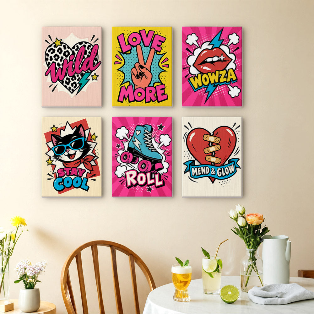 Pop Attitude mini paintings displayed as a gallery wall in a sunny kitchen