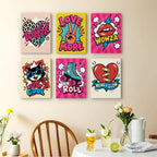 Pop Attitude mini paintings displayed as a gallery wall in a sunny kitchen