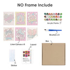 What's included without a frame: six rolled Pop Attitude mini canvases, acrylic paints, three brushes and layout